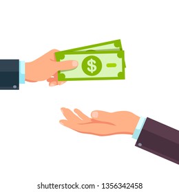 Pay for something, hand holds bills.. Drawing on white background. Modern flat style vector illustration clipart.