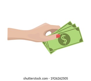 Pay for something, hand holds bills. Drawing on white background. Modern stock vector illustration.