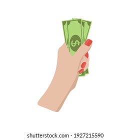 Pay for something, hand holds bills. Drawing on white background. Modern stock vector illustration.
