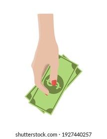 Pay for something, hand holds bills. Drawing on white background. Modern stock vector illustration.