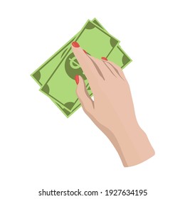 Pay for something, hand holds bills. Drawing on white background. Modern stock vector illustration.