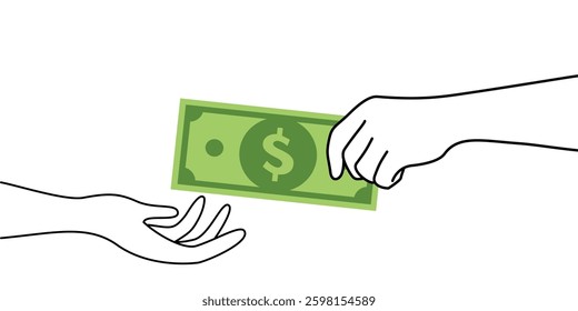 Pay for something symbol. Hand giving money to other hand. Hand holds dollar banknotes. Money investments. Salary, receiving money.