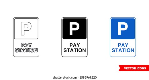 Pay station parking information sign icon of 3 types: color, black and white, outline. Isolated vector sign symbol.
