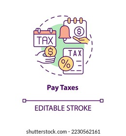 Pay taxes concept icon. Quarter end payments. Payroll processing step abstract idea thin line illustration. Isolated outline drawing. Editable stroke. Arial, Myriad Pro-Bold fonts used