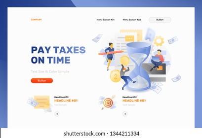Pay Taxes on time vector header template with hourglass figure, Tax bills, credit card and coins surrounded by tiny people characters. Modern stylish flat design with gradients.