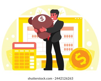 Pay taxes online. A businessman holds a bag of money in his hands. Money bag with dollar symbol. Rich man. Budget bookkeeping. Accounting debit and credit, calculating bills and income taxes