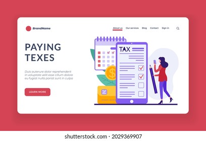 Pay taxes online. Monthly and quarterly payment for tax and utility returns. Accounts and web transactions through banking. Collecting funds through mobile application. Vector flat home page banner