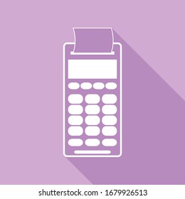 Pay terminal. NFC payments sign. White Icon with long shadow at purple background. Illustration.