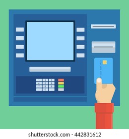 Pay through terminal ATM using a bank card. Debit, credit, plastic card in hand. Simple, flat style. Graphic vector illustration.