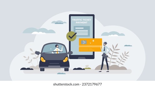 Pay traffic ticket online with bank transaction or credit card tiny person concept. Payment for vehicle driving toll roads infrastructure vector illustration. Buy entry using digital receipt system.