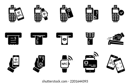Pay Transaction by Mobile Phone, Smart Watch, Credit Card on POS Silhouette Icon Set. NFC Cashless Wireless Payment Technology Glyph Pictogram. ATM Money Withdraw Icon. Isolated Vector Illustration.