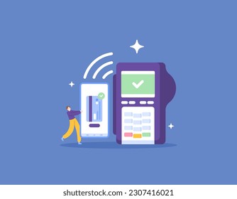 pay using EDC or Electronic Data Capture and smartphone. non-cash payment instruments. The payment method uses NFC. services and technology. mobile application. illustration concept design. vector