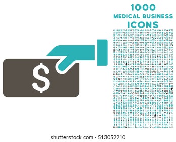 Pay vector bicolor icon with 1000 medical business icons. Set style is flat pictograms, grey and cyan colors, white background.