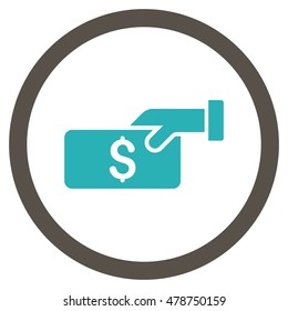 Pay vector bicolor rounded icon. Image style is a flat icon symbol inside a circle, grey and cyan colors, white background.