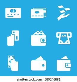 pay vector icons. Set of 9 pay filled icons such as wallet, credit card, money on hand, ATM money withdraw, cash payment
