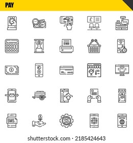 conjunto de iconos de línea vectorial de pago. moneda, smartphone e iconos de caja. Diseño delgado de línea. Elementos gráficos de contorno modernos, símbolos de trazo simple ilustración de fondo