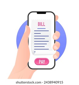 Pay your bill online. Smartphone, paper receipt. Electronic account and mobile banking concept. Web payment, financial transactions, mobile banking, modern technology concept. Vector illustration