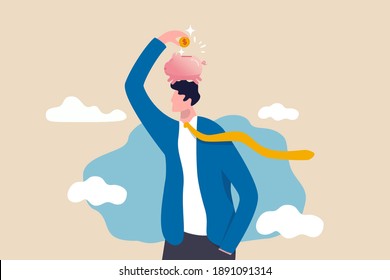 Pay yourself first, invest in yourself, take money for personal savings before pay for debt or buy and spending concept, smart young adult man putting money dollar coins into piggy bank on his head.