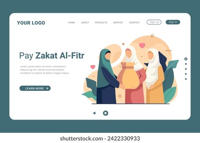 Pay Zakat Al-Fitr on landing page template. Islamic Ramadan concept of giving charity or share with others on landing page