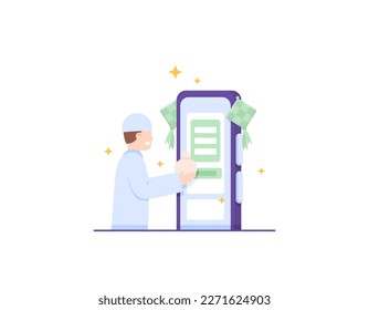 Pay zakat by online. Donate online via Internet. A Muslim man gives a zakat using a mobile apps on smartphone. payments and technology. illustration concept design. vector elements