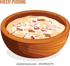 Payasam ou Kheer em tigela de madeira enfeitada com amêndoas, pistache e açafrão. Ilustração de vetor de sobremesa asiática 