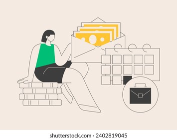 Ilustración vectorial de concepto abstracto de Paycheck. Efectivo de cheques de pago, cheque de nómina, pago de ingresos, documento en papel, depósito electrónico directo, cuenta bancaria de empleados, metáfora abstracta de estado de sueldos.