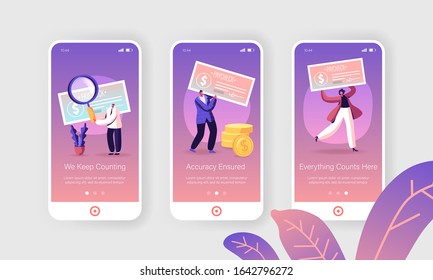 Paycheck Cash Mobile App Page Onboard Screen Set. People Win Money Prize, Lottery Winning, Get Salary Payment with Banking Cheque Concept for Website or Web Page. Cartoon Flat Vector Illustration