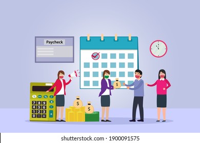 Paycheck während eines pandemischen 2D-Flachvektorkonzepts für Banner, Website, Illustration, Landing Page, Flyer usw.