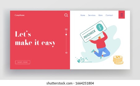 Paycheck Lottery Win, Salary and Payroll Payment Website Landing Page. Man Jump with Huge Voucher for Get Money in Bank. Employee Get Cheque Earning Web Page Banner. Cartoon Flat Vector Illustration