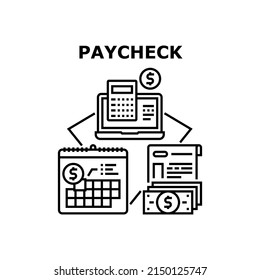 Pay-Vektor-Icon-Konzept finden Sie hier. Zahlungsscheck für Pay-Loan-Monat, Berechnung von Einkommen und Kreditsumme für Online-Bezahlung. Finanzierungsvertrag mit der Bank. Schwarze Illustration zum Verfahren der Geldwirtschaft