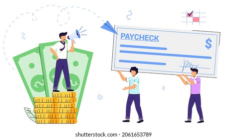 Paycheck Salary and payroll concept Boss pay salaries to employees Payday calendar Money prize Cash lottery winning Payroll tax deposit Payroll software Vector isolated illustration