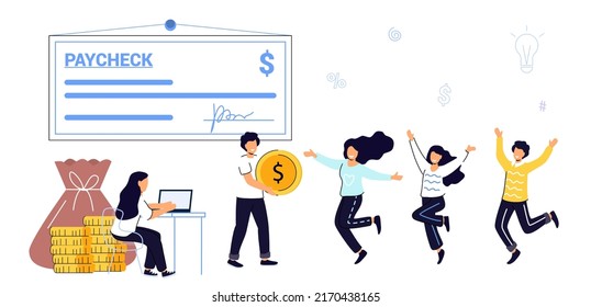 Paycheck Salary and payroll concept Boss pay salaries to employees Payday calendar Money prize Cash lottery winning Payroll tax deposit Payroll software Vector isolated illustration