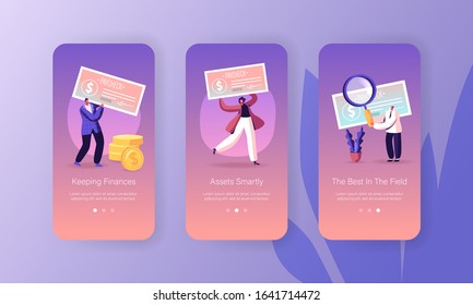 Paycheck Salary and Payroll Mobile App Page Onboard Screen Set. Employees Get Earning with Banking Cheque, Voucher for Getting Money Concept for Website or Web Page. Cartoon Flat Vector Illustration