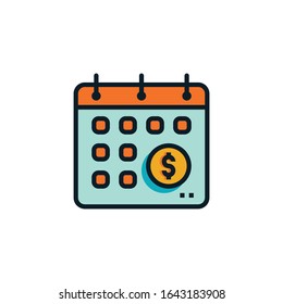 Payday, calendar with dollar coin filled outline icons. Vector illustration. Editable stroke. Isolated icon suitable for web, infographics, interface and apps.