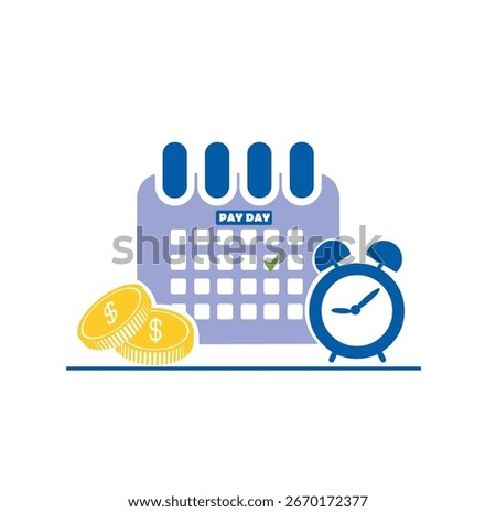 Payday Calendar Icon with Alarm Clock and Money Coins – Salary Payment Vector Illustration