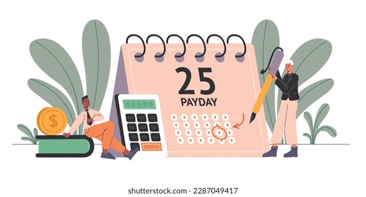 Payday. Guy circles payroll date on calendar. Employees waiting for salary payment. Loan and rent paying. Office workers. Money coin and calculator. Finance increase