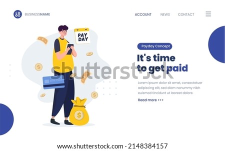 Payday illustration with a man checking balance on his phone on landing page design