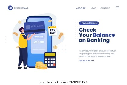 Payday Illustration With A Man Checking Bank Balance On Landing Page Design