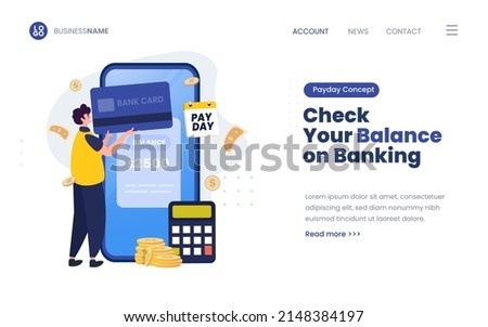Payday illustration with a man checking bank balance on landing page design