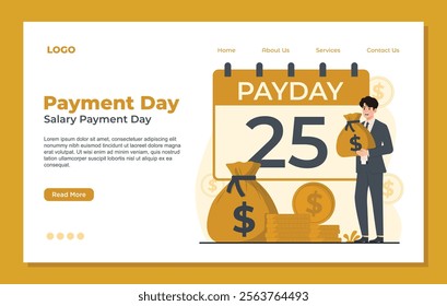 Payday landing page template set showcasing salary day concepts with payday notifications, calendars, money bags, and coins. Perfect for financial apps, banking services, and payroll systems