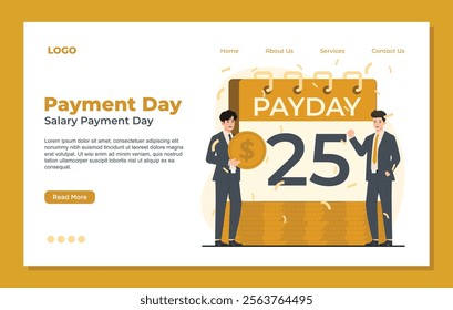 Payday landing page template set showcasing salary day concepts with payday notifications, calendars, money bags, and coins. Perfect for financial apps, banking services, and payroll systems