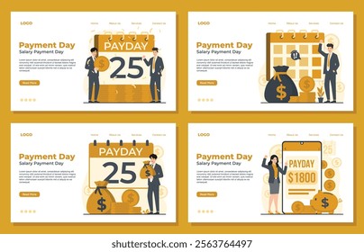 Payday landing page template set showcasing salary day concepts with payday notifications, calendars, money bags, and coins. Perfect for financial apps, banking services, and payroll systems