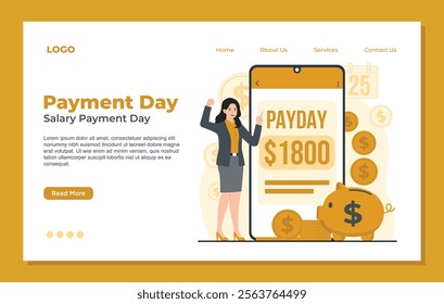 Payday landing page template set showcasing salary day concepts with payday notifications, calendars, money bags, and coins. Perfect for financial apps, banking services, and payroll systems