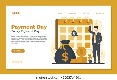 Payday landing page template set showcasing salary day concepts with payday notifications, calendars, money bags, and coins. Perfect for financial apps, banking services, and payroll systems