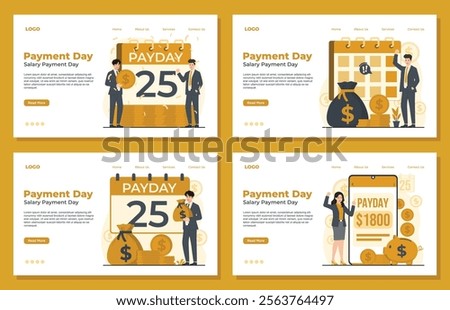Payday landing page template set showcasing salary day concepts with payday notifications, calendars, money bags, and coins. Perfect for financial apps, banking services, and payroll systems