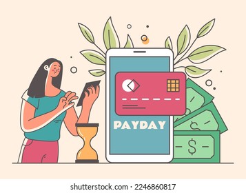 Payday loan time calendar concept. Online payments by money credit cards smartphone online payments. Huge calendar and smartphone and tiny people. Vector graphic design illustration
