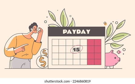 Payday loan time calendar concept. Online payments by money credit cards smartphone online payments. Huge calendar and smartphone and tiny people. Vector graphic design illustration
