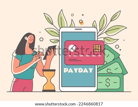 Payday loan time calendar concept. Online payments by money credit cards smartphone online payments. Huge calendar and smartphone and tiny people. Vector graphic design illustration
