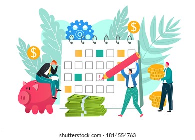 Payday loans concept, business application for money loan vector illustration. Man with pen on payment schedule day calendar pay day deadline, money overdue. Finance information of debts.