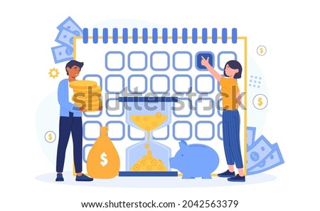 Payday loans concept. Man pays loan at appointed time. Woman indicates payment day on calendar. Deadline for repayment. Cartoon contemporary flat vector illustration isolated on white background